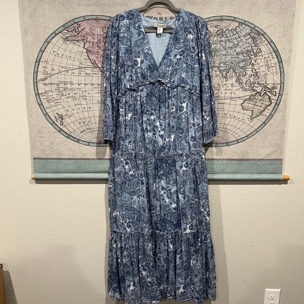 Rachel Zoe Paisley Print Blue Long Sleeve v-neck Maxi Tiered Babydoll Dress - Picture 2 of 8